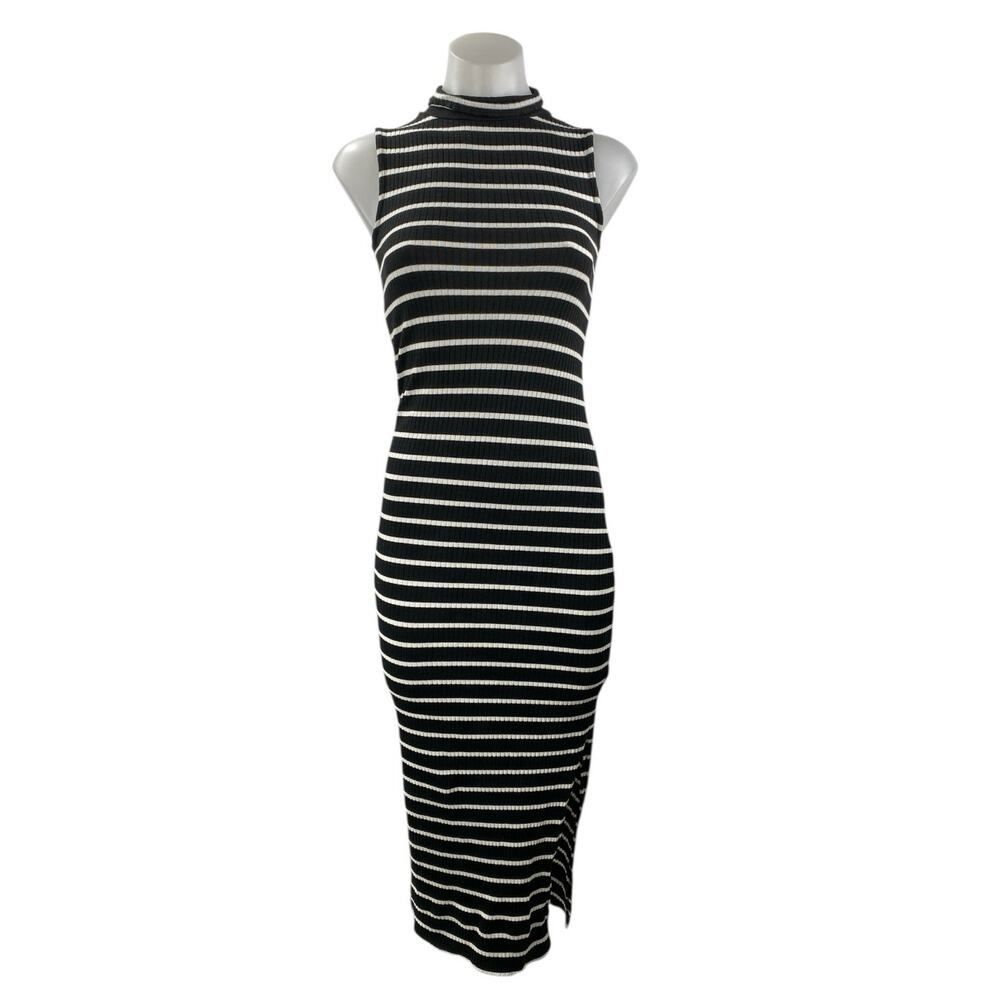French Connection Black Striped Sleeveless Mock Neck Midi Sweater Tank Dress XS